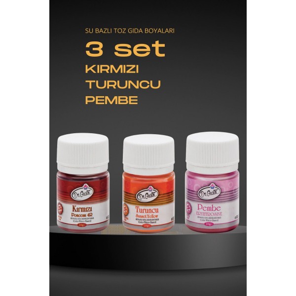 Dr Gusto 3 Lü Set Pembe / Turuncu / Kırmızı Su Bazlı Toz Gıda Boya 10 gr