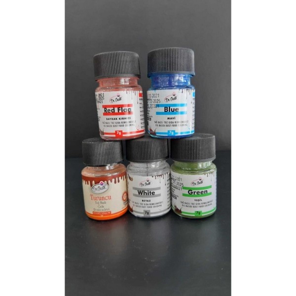 Dr Gusto Yağ Bazlı Toz Gıda Boya 5 Li Set Turuncu / Mavi / Bayrak Kırmızı / Beyaz / Yeşil 7gr