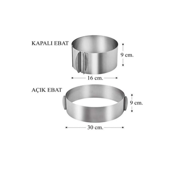 Kek Ve Pasta Paslanmaz Yuvarlak Kelepçeli Ayarlanabilir Çember 16/30 Cm Yükseklik 10 Cm
