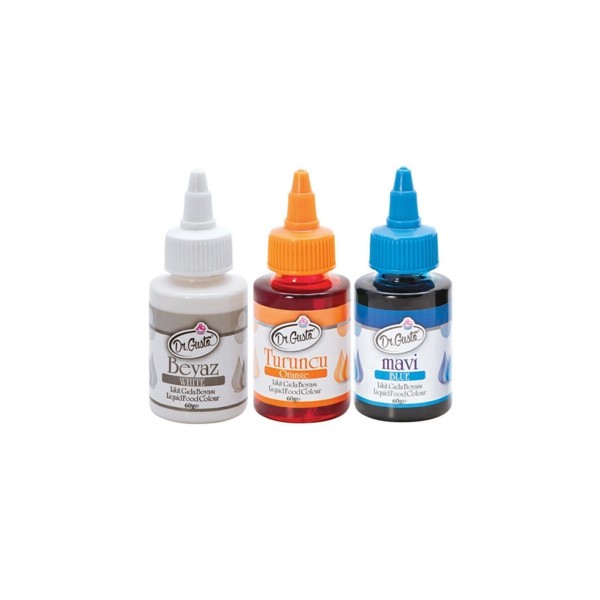 60 Gr 3 Lü Beyaz-turuncu-mavi Su Bazlı Likit Sıvı Gıda Boyası 3 Adet