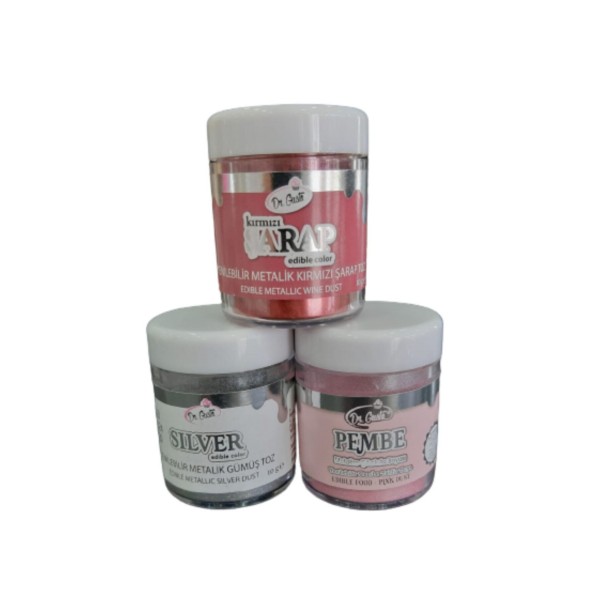 Dr Gusto 3 Lü Set Kırmızı Şarap / Silver / Pembe Yenilebilir Metalik Boya 10gr