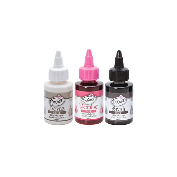 60 Gr 3 Lü Beyaz-pembe-siyah Su Bazlı Likit Sıvı Gıda Boyası 3 Adet