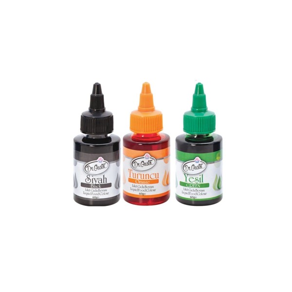 60 Gr 3 Lü Siyah-turuncu-yeşil Su Bazlı Likit Sıvı Gıda Boyası 3 Adet