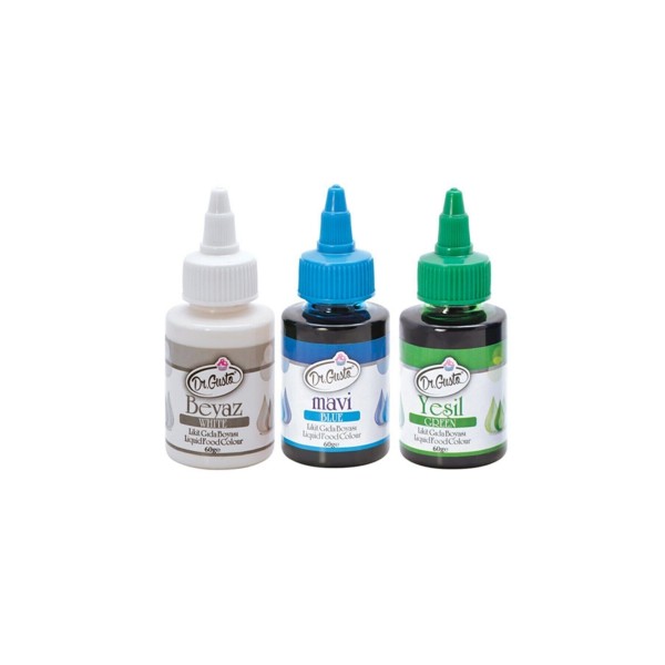 60 Gr 3 Lü Beyaz-mavi-yeşil Su Bazlı Likit Sıvı Gıda Boyası 3 Adet