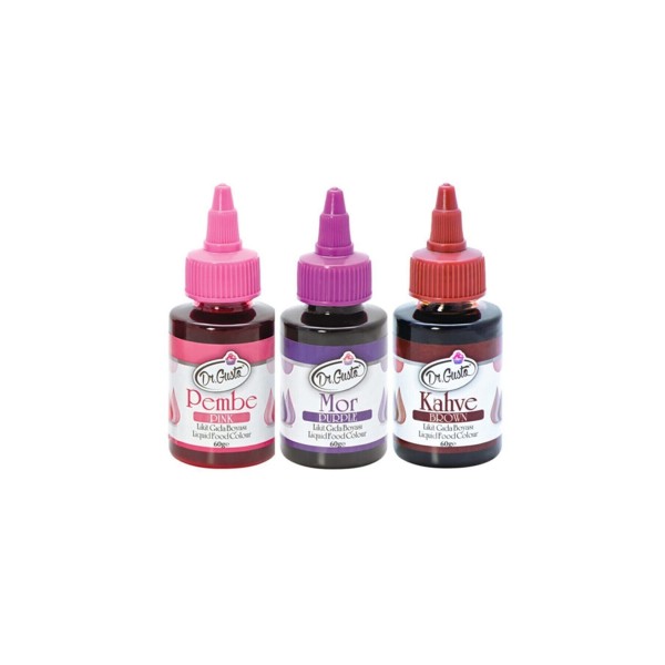 60 Gr 3 Lü Pembe-mor-kahve Su Bazlı Likit Sıvı Gıda Boyası 3 Adet