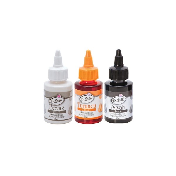 60 Gr 3 Lü Beyaz-turuncu-siyah Su Bazlı Likit Sıvı Gıda Boyası 3 Adet
