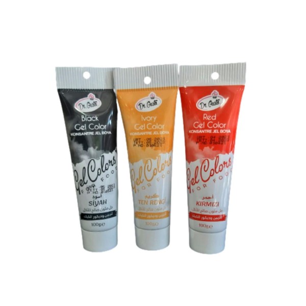 Dr Gusto 3 Lü Set Siyah / Beyaz / Bayrak Kırmızı Tüp Jel Gıda Boya 100gr